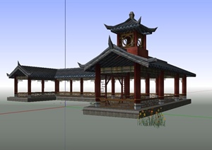 古典中式观水长廊亭设计SU(草图大师)模型