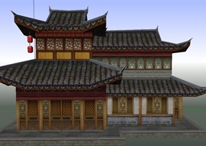 古典中式两层茶室建筑设计SU(草图大师)模型