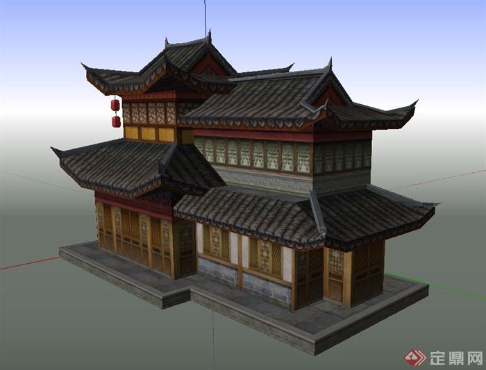 古典中式两层茶室建筑设计SU模型(2)