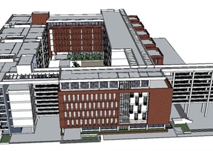 现代五层红砖教学楼建筑设计SU(草图大师)模型