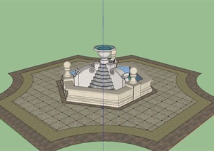 欧式六角形喷泉水池SU(草图大师)模型