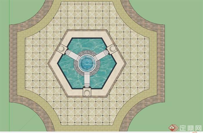 欧式六角形喷泉水池SU模型(2)