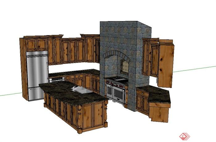 欧式风格木质橱柜、厨具、厨卫设施设计SU模型(2)