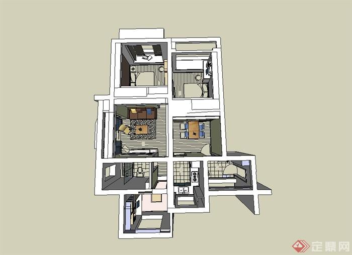 现代两室两厅一厨一卫设计su模型(5)