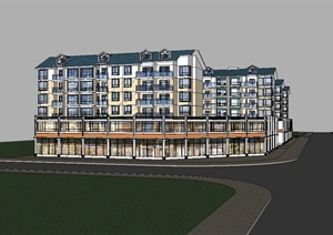 一个坡屋顶商业住宅小区房建筑SU(草图大师)模型