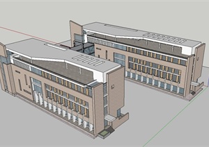 现代两栋四层教学楼建筑设计SU(草图大师)模型