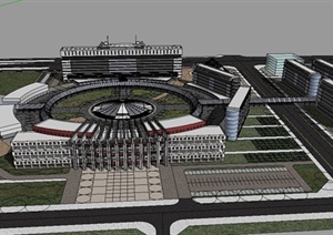 现代某多层圆形广场校园建筑设计SU(草图大师)模型