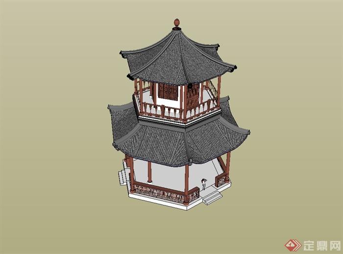 两层观景塔阁楼设计su模型(3)