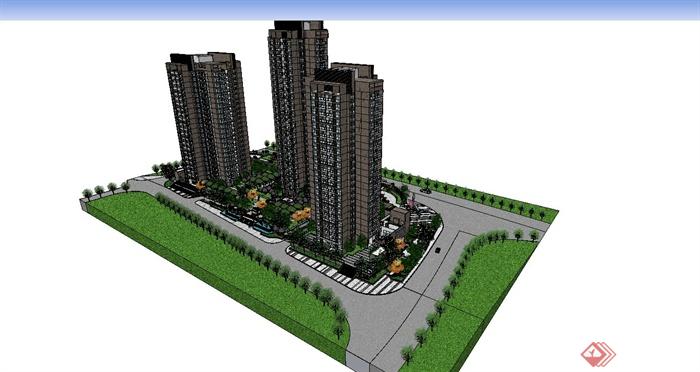 现代风格高层住宅小区建筑设计su模型（含景观）(7)