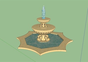 欧式八角形三层喷泉水池SU(草图大师)模型