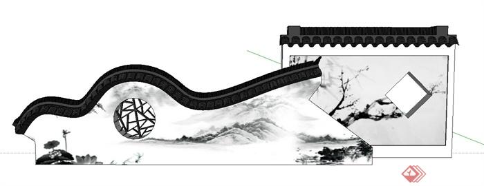 中式风格文化墙景墙SU模型(1)