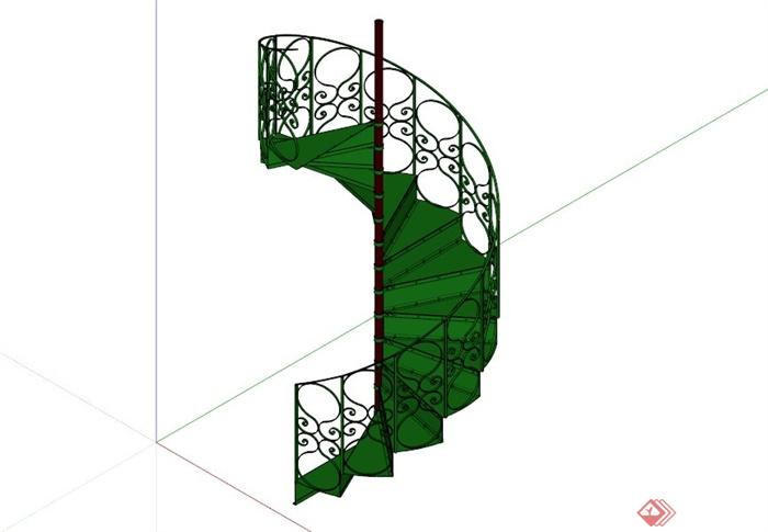 新古典风格绿色雕花栏杆楼梯SU模型(1)