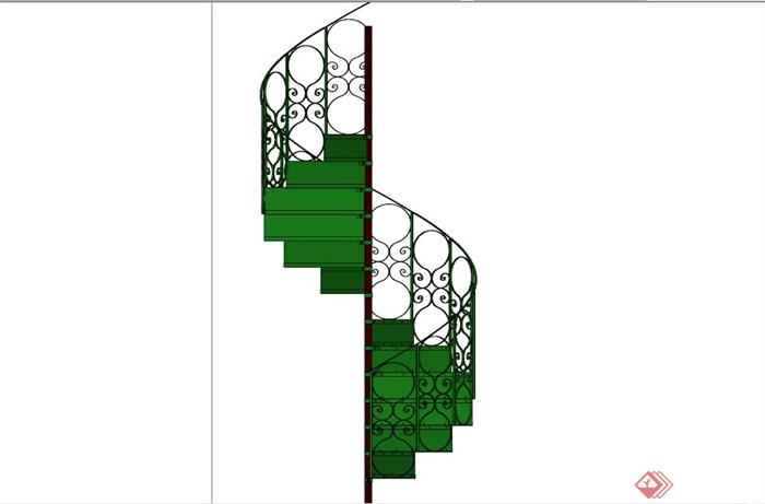 新古典风格绿色雕花栏杆楼梯SU模型(3)