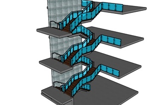 蓝色玻璃围栏木楼梯SU(草图大师)模型