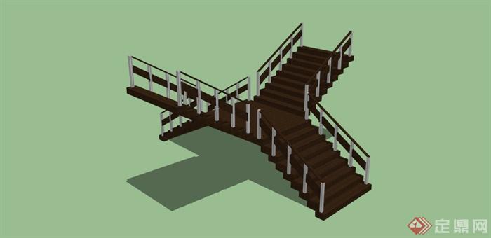 现代中式深色木制楼梯组合SU模型(1)