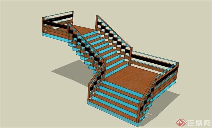 某现代木材玻璃拼接楼梯SU模型(1)