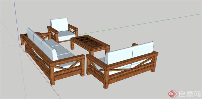 现代木质布艺沙发茶几组合SU模型(1)