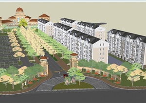 某欧式住宅区的入口和会所建筑与景观规划设计SU(草图大师)模型