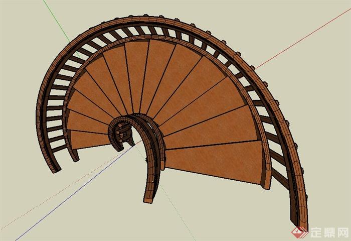 室内装饰木质旋转楼梯设计SU模型(3)