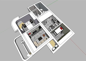 现代两室两厅一厨两卫室内设计SU(草图大师)模型