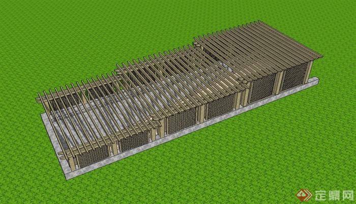 地下车库入口木廊架设计su模型(4)