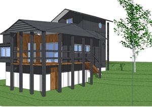 木质两层山地别墅建筑设计SU(草图大师)模型