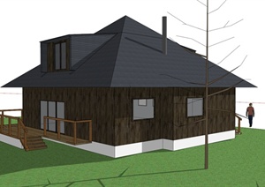 日式风格单层小木屋住宅建筑设计SU(草图大师)模型