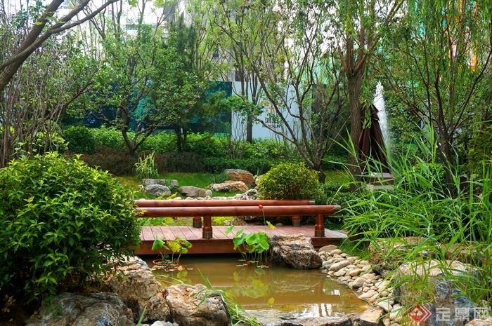 售楼部中庭景观,水池,自然石,园桥