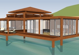 单层木质水上会所别墅建筑设计SketchUp模型