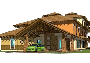 东南亚风格堆叠式三层别墅建筑设计SketchUp模型