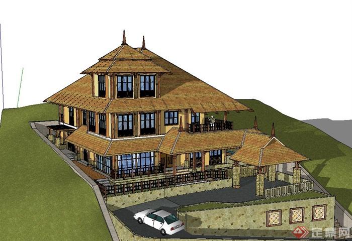 东南亚风格多层山地别墅建筑设计SketchUp模型(1)