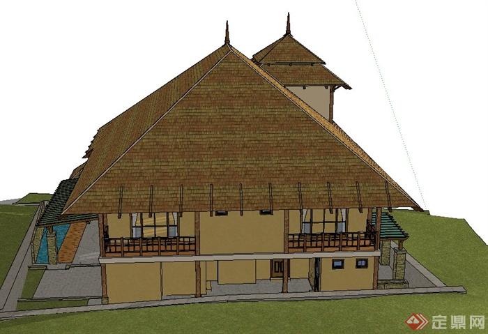 东南亚风格多层山地别墅建筑设计SketchUp模型(3)