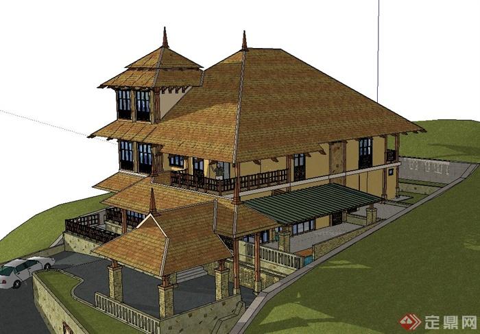 东南亚风格多层山地别墅建筑设计SketchUp模型(2)