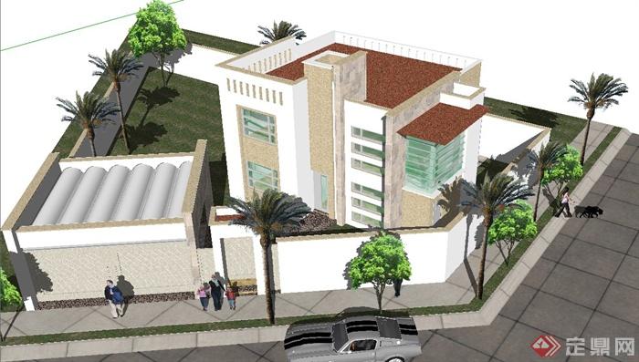 现代风格沿街自建两层别墅建筑SketchUp模型(1)
