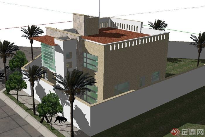 现代风格沿街自建两层别墅建筑SketchUp模型(3)