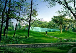 现代某公园玻璃廊架与草坪景观设计PSD效果图