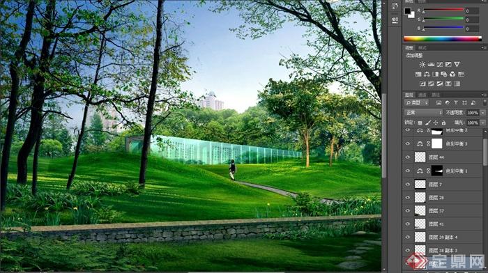 现代某公园玻璃廊架与草坪景观设计PSD效果图(2)