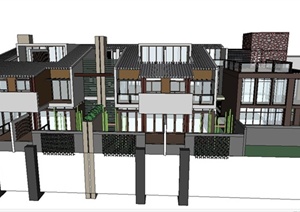现代中式两层联排别墅建筑设计SU(草图大师)模型