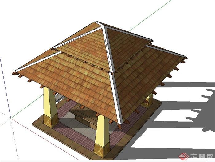 东南亚风格重檐四角亭设计su模型(3)