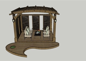全木质中式庭院休闲廊架设计SU(草图大师)模型
