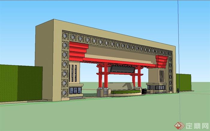 现代中式小区入口门设计su模型(3)