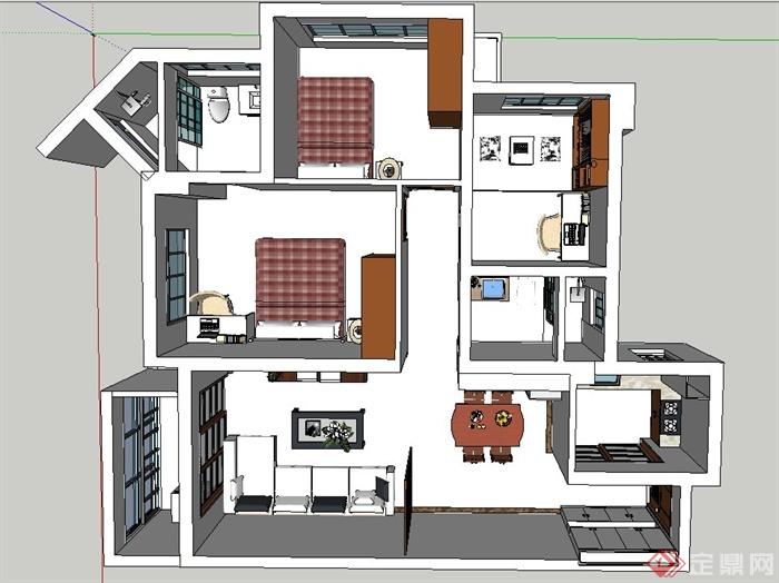 三室两厅住宅空间设计SU模型(1)