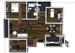 某三室一厅现代风格住宅室内装修设计SU(草图大师)模型