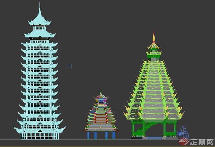 塔园林景观节点三座塔楼设计3DMAX模型(3)