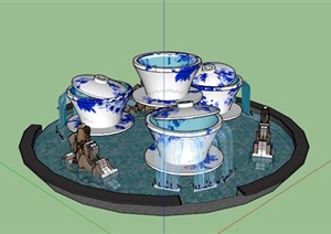 某现代中式茶杯喷泉水池SU(草图大师)模型