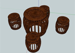室内木质圆形四人茶桌凳设计SU(草图大师)模型