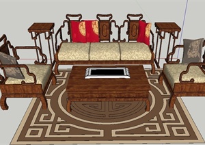室内中式木质沙发茶几设计SU(草图大师)模型