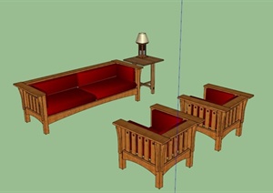 某现代木质红色沙发组合SU(草图大师)模型
