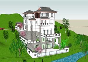 自建现代中式风格别墅SketchUp模型