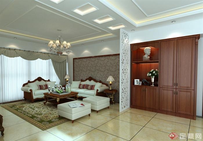 客厅设计,沙发组合,茶几,地毯,装饰柜,窗帘